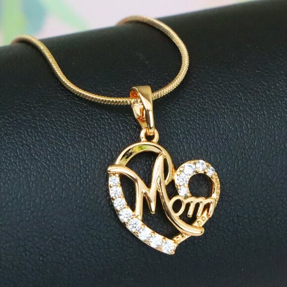 "Rose Gold Heart Pendant with Sparkling 'Mom' Letter Design, XPPT1241 - Picture 1 of 13